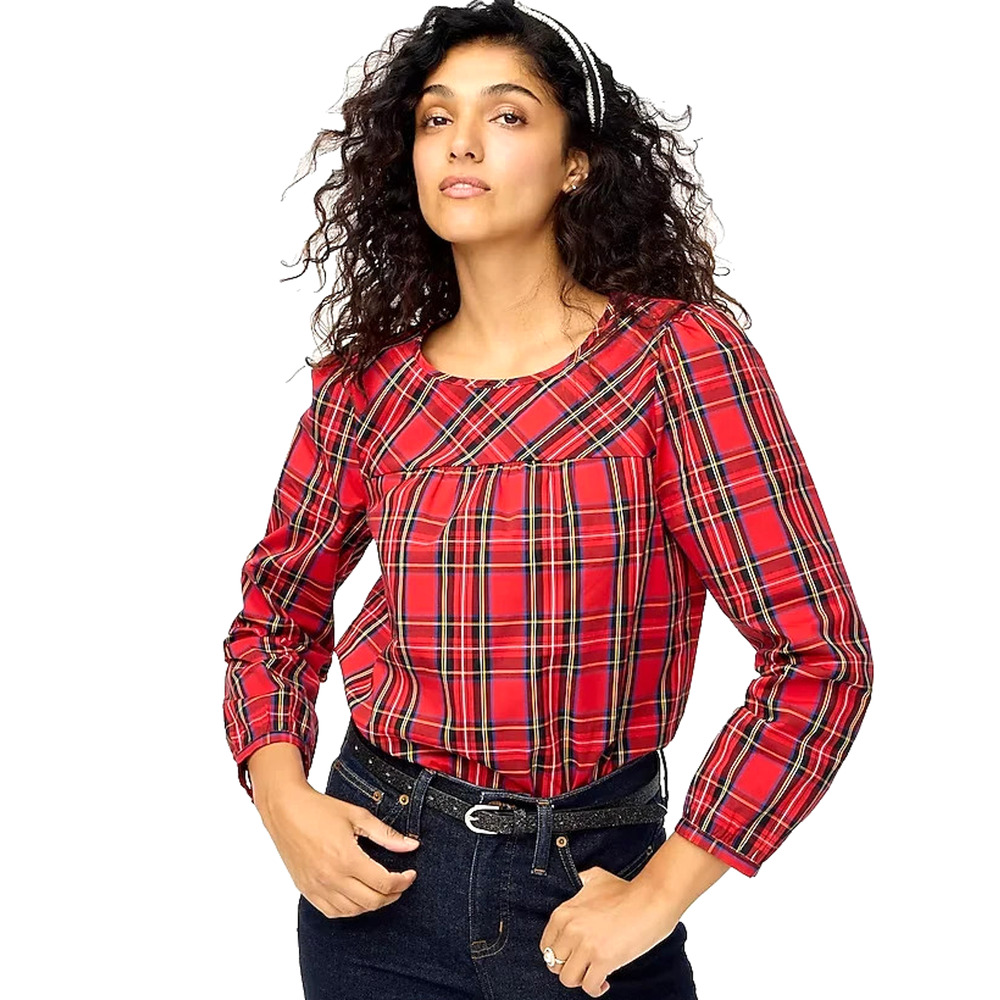 J. Crew Red Black Plaid Tartan Cotton Poplin Holiday Long Sleeve Top Shirt XL